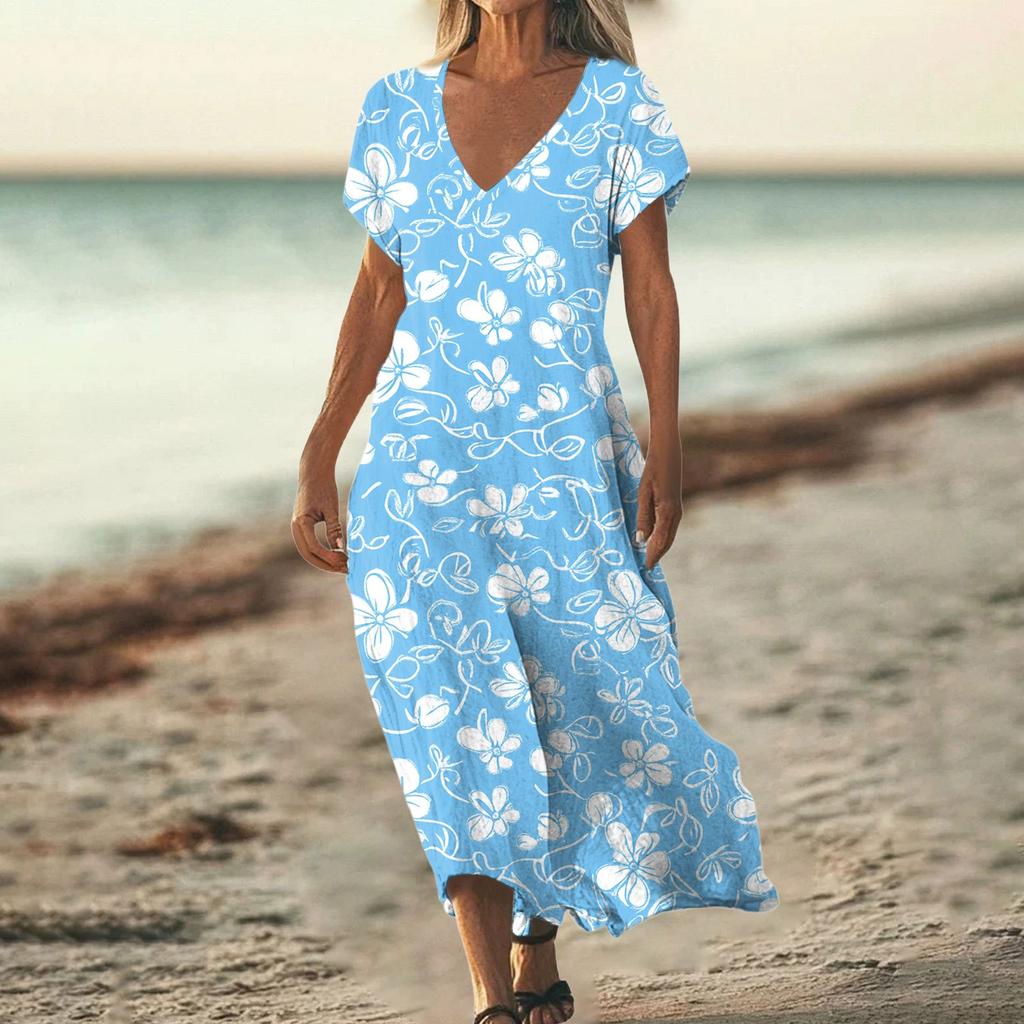 Fashion Women's Summer V-neck Short Sleeve Cotton And Linen Vintage Floral Print Beach Dress