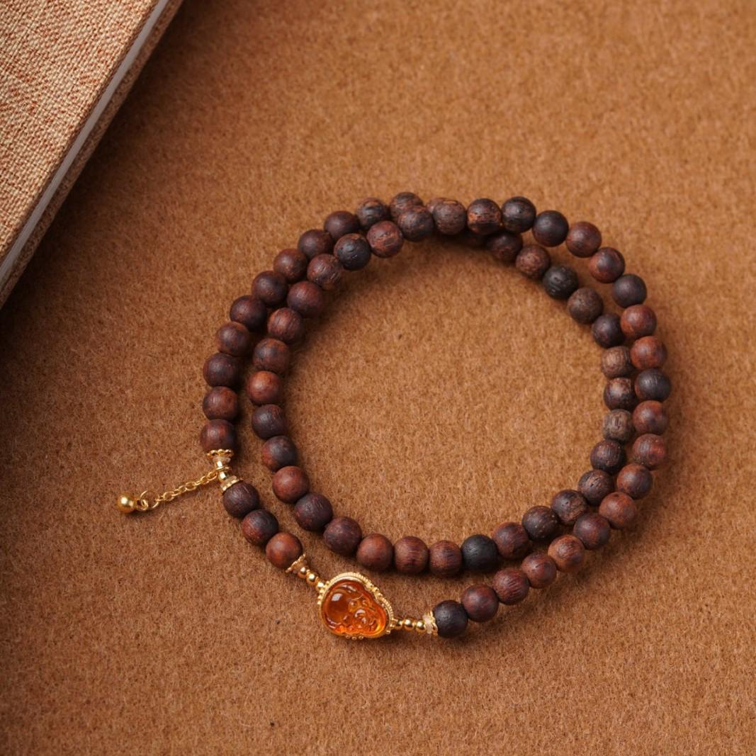 Myanmar Agarwood Yellow Oil Double Circle Maitreya Buddha Beeswax Bracelet for Women & Men - Cultural Buddhist Beads.