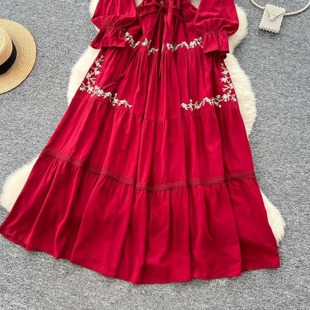 Robe d'été française vintage ethnique pour femmes, dentelle brodée, élégante, manches longues, ample, décontractée, maxi, robe de soirée