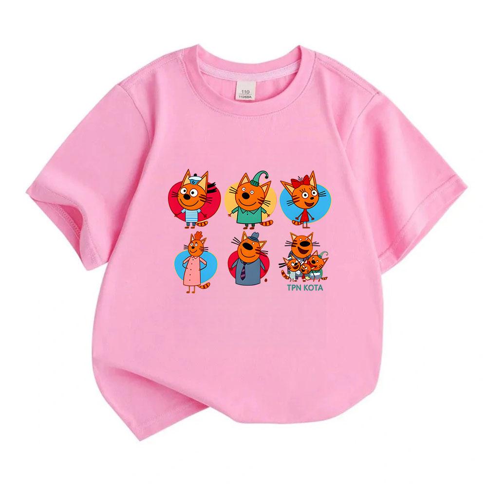 Kids Boys Girls 100% Cotton Crew Neck Short Sleeve T-Shirt, Cute Orange Cartoon Cat Family Print Casual Soft Breathable Top for Children Daily Wear, G