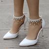 Pointed Toe Women Thin High Heels Rhinestone Tassel Pearls Shoes Pumps for Women White Pumps
