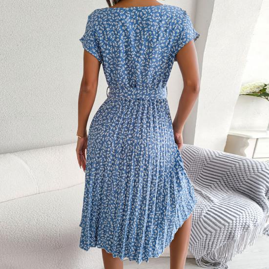 O-Neck Short Sleeve High-Waist Lace-Up Midi Dress Simple Floral Print Pleated Hem