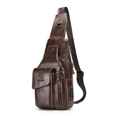 Borsa a tracolla da petto in vera pelle per uomo, retrò europeo e americano, nuova, in pelle bovina di primo strato, da uomo, con USB, da spalla anteriore