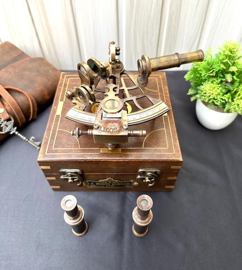 Nautical Brass Working Sextant With Two Telescope, Antique Maritime Navigational Instrument With wooden box, Navigational Sextant,