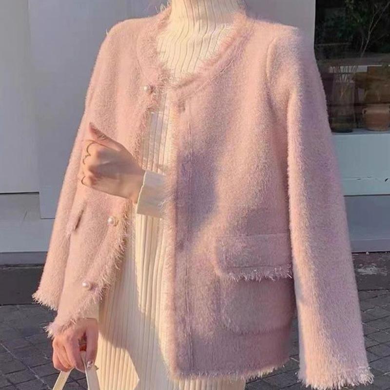 

GMXIA Маленький ароматный кардиган из кашемира с имитацией норки, осенний женский свободный винтажный свитер с V-образным вырезом и бахромой One size