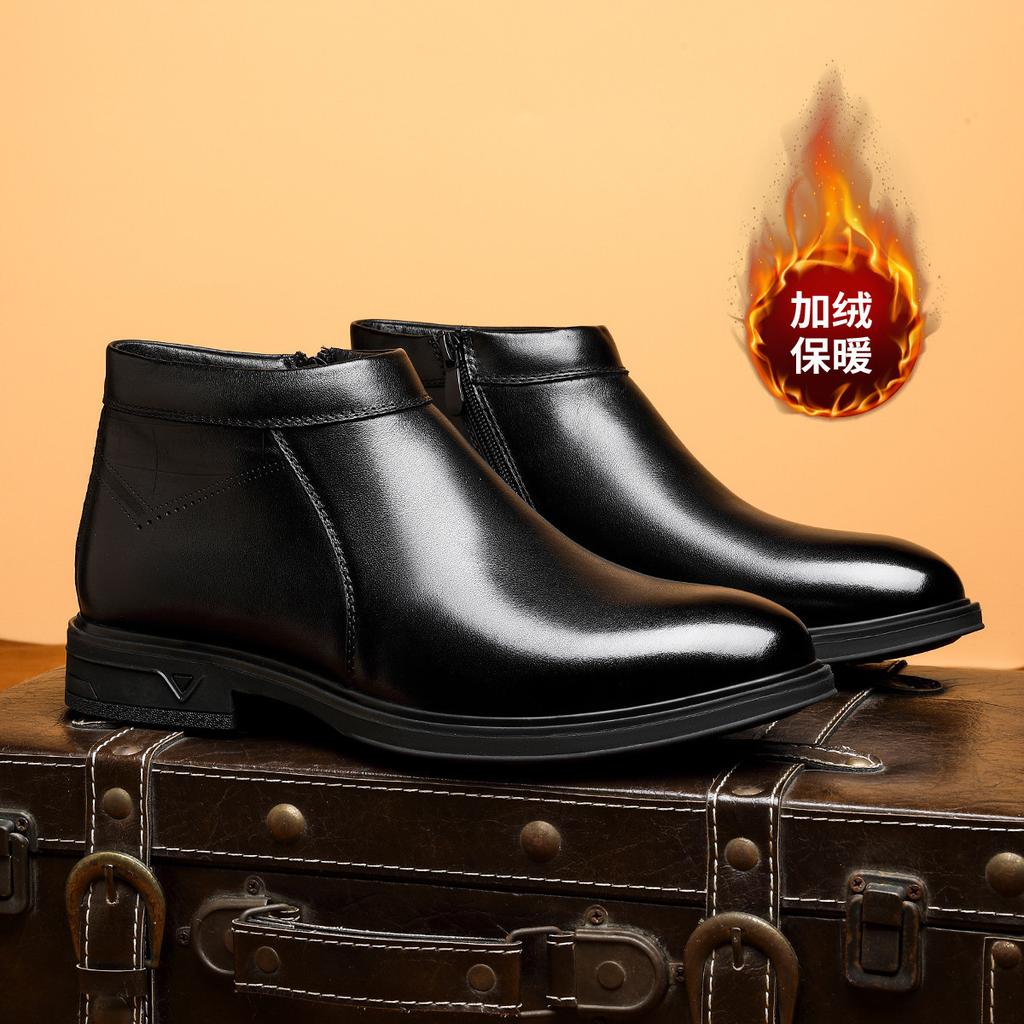 2025 Fleece Men's Chelsea Boots Autumn and Winter Leather Men's Boots Top Cowhide Trend Versatile Snow Boots Men's