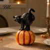 Seasonal Festive Atmosphere Props Halloween Black Cat Pumpkin Ornament, Vintage Wood Carving Style Retro Decor Resin Figurine, Spooky Tabletop