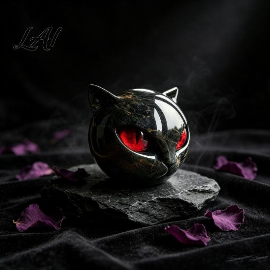 Retro Dark Home Accents Spherical Black Cat Head Ornament Resin Gothic Style Sculpture with Colorful Spooky Shelf Decoration Eyes for Halloween