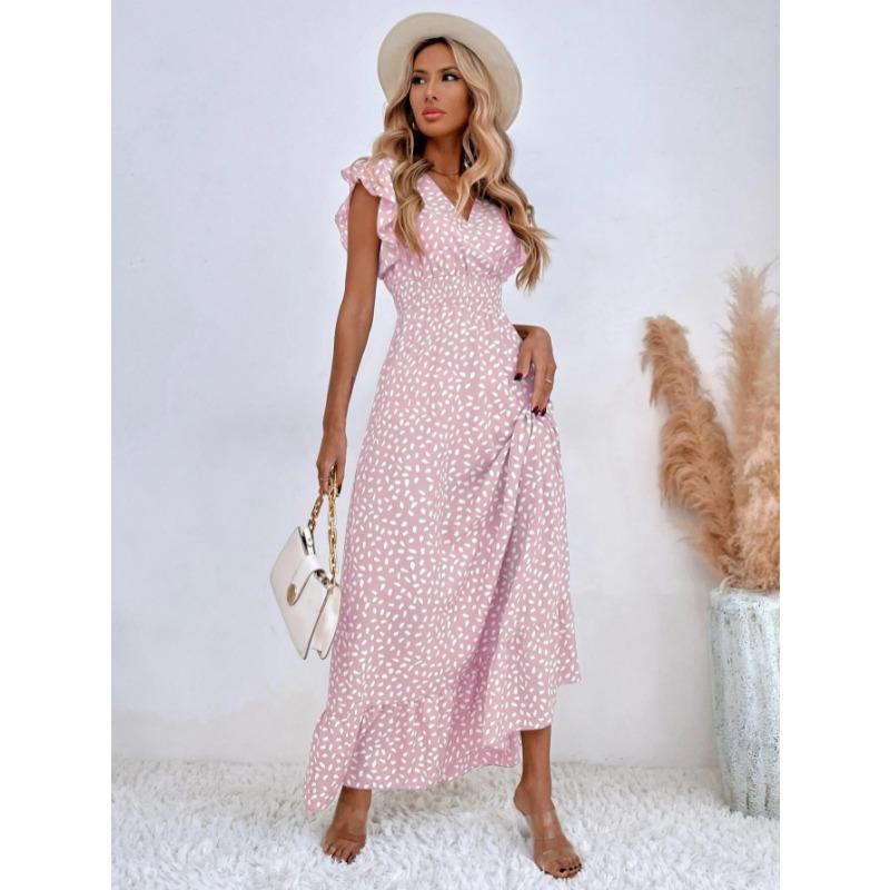 Fashion Short Sleeve Polka Dot Printed Summer Dress V-neck Ruffle Edge Elegant Casual Party Long Dress Women Loose Simple Slim Fit Women's Clothing