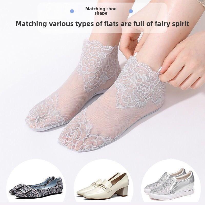 5 Paar Sommer Spitzen Socken Damen Tag Spitzen Socken Netz Atmungsaktive Bootssocken Ultradünne Rutschfeste Niedrig Geschnittene Socken
