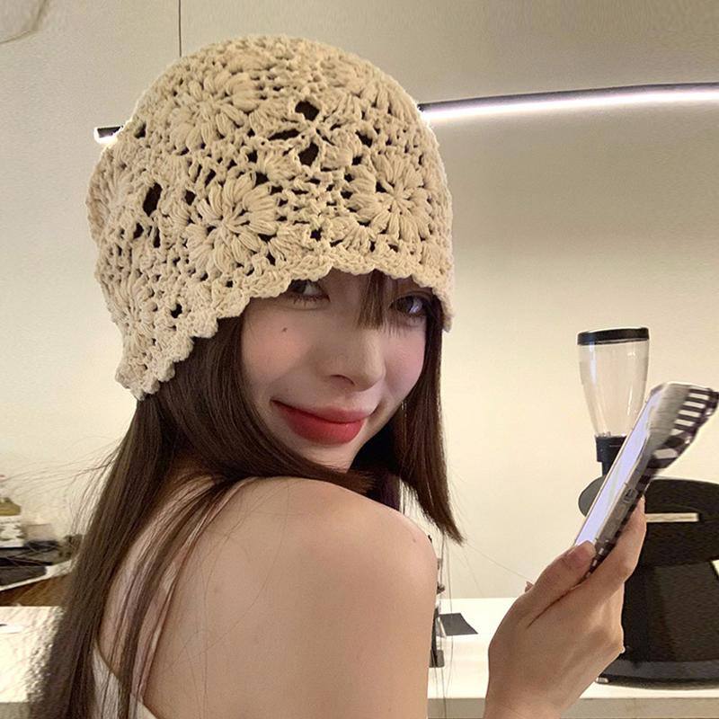 Women'S Solid Color Crochet Hollow Knitted Hat Summer  Vintage Beanie