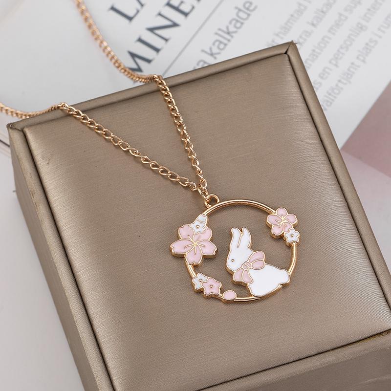 Kpop Cartoon Necklace Cute Pink Cat Rabbit Flower Pendant Necklaces For Women Girls Kids Children Jewelry Fashion Gift