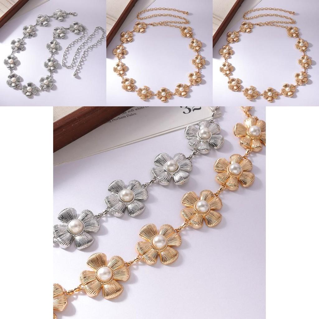 Eleganter Metall-Taillengürtel mit Perlenblumen und geschnitzten Elementen für Damen für Frühling und Sommer