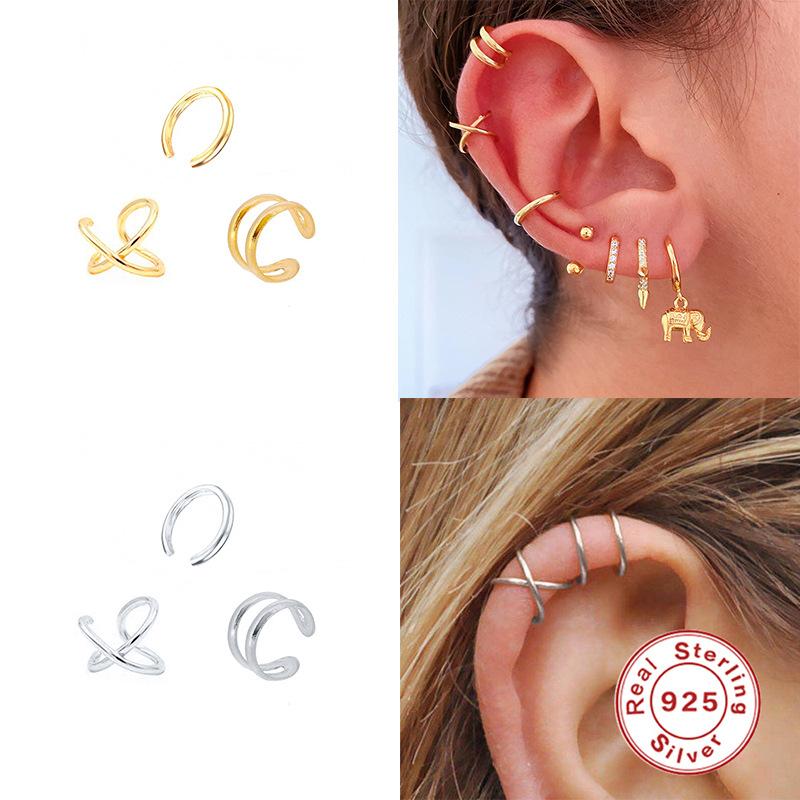 S925 Sterling Silver 3-Piece Set, Ear Clips, Double-Layer Without Ear Piercings, Trendy Lines, Couple Ear Buckles, Ear Jewelry, Simple Men And Women