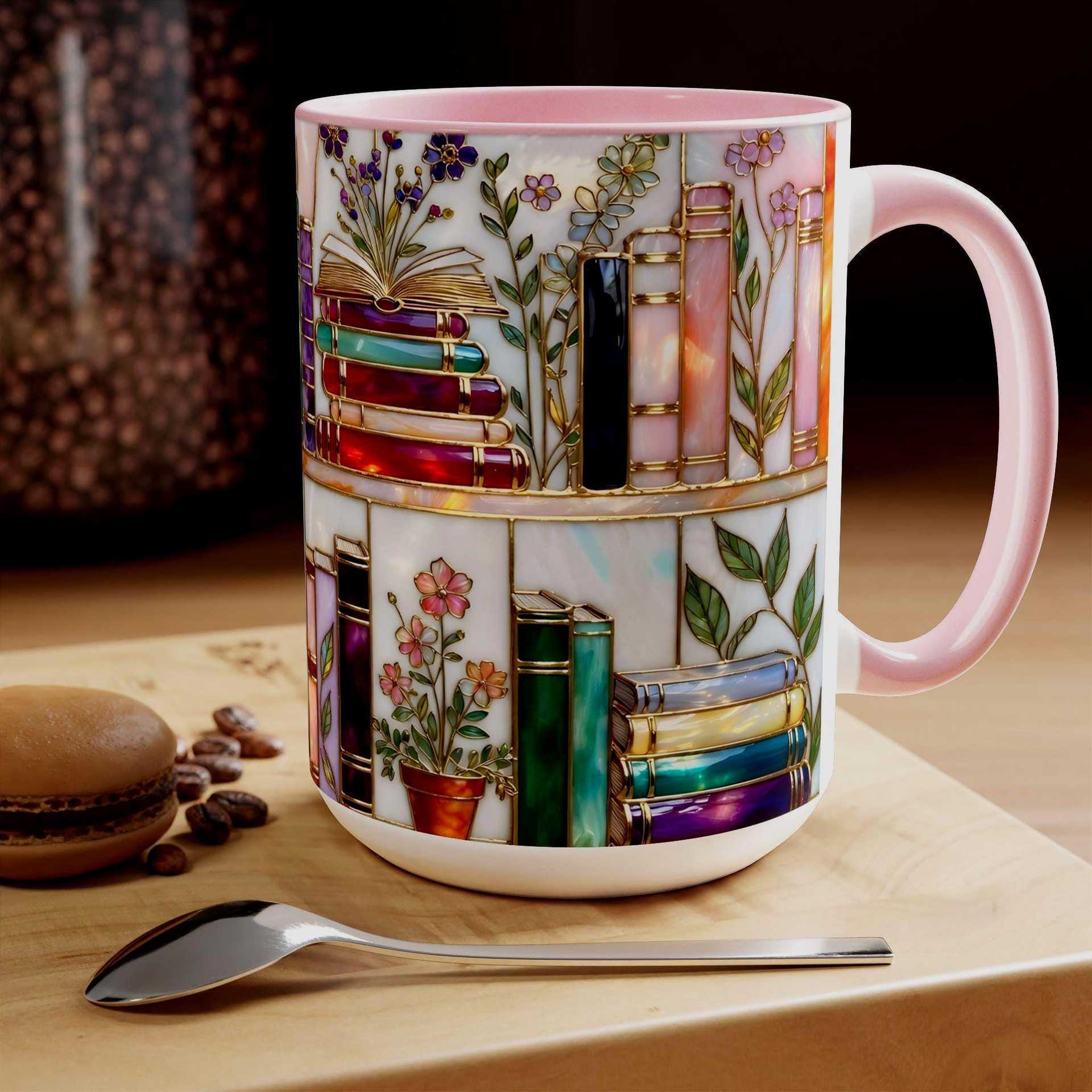 

Stained Glass Book and Flower Themed Mug, Artistic Coffee Cup, Colorful Art Pattern Ceramic Cup, Gift for Book Lovers Home Decor 301-400ml
