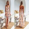 Bohemian Summer Sexy Sexy Print V-neck Lace up Halterneck Split Backless Mid Length Long Length Dress Dress