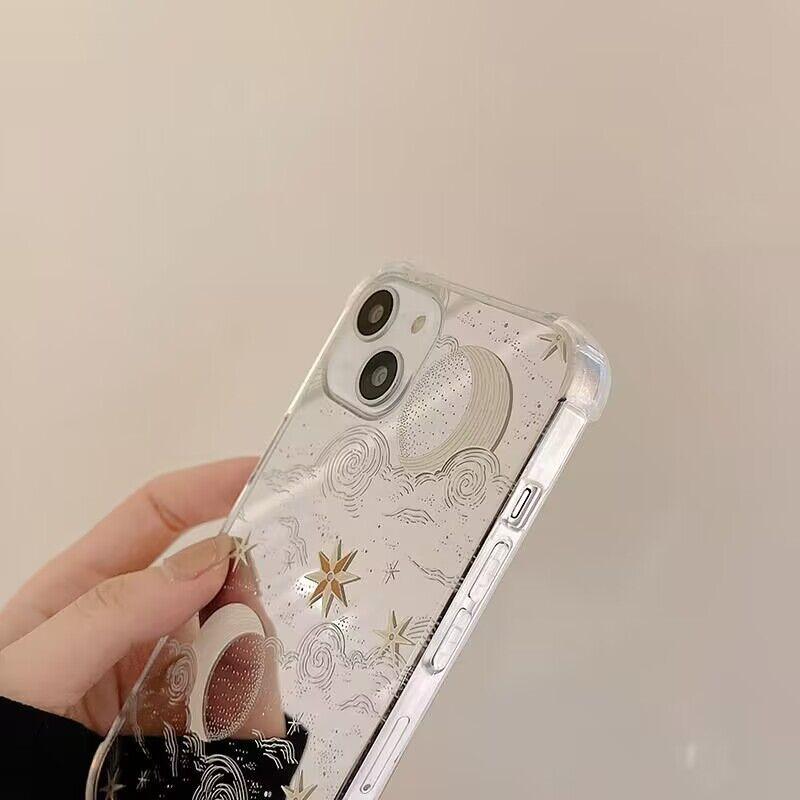 Line Star Moon Pattern Cool Mirror Face Phone Case For iPhone 16 15 14 13 12 11 Pro Max XS Max XR 7 8 Plus Shockproof Back Cover