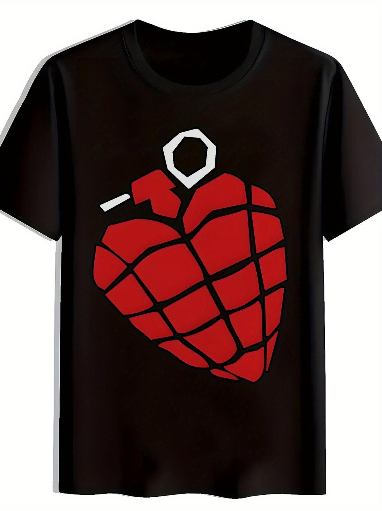Rock Band Graphic T-shirt | Polyester Casual Summer Tee with Bold Red Heart Design | Round Neck S