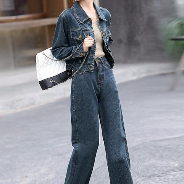 Women's Denim Suit: Spring & Autumn 2025 Fashionable Two-Piece Set with Wide-Leg Pants & Cropped Jacket.