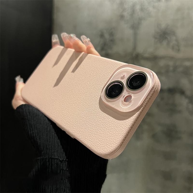 Crystal Glass Lens Protection Lychee Textured Leather Case for iPhone 15 Pro Max 14 13 12 Shockproof Protection Hard PC Cover