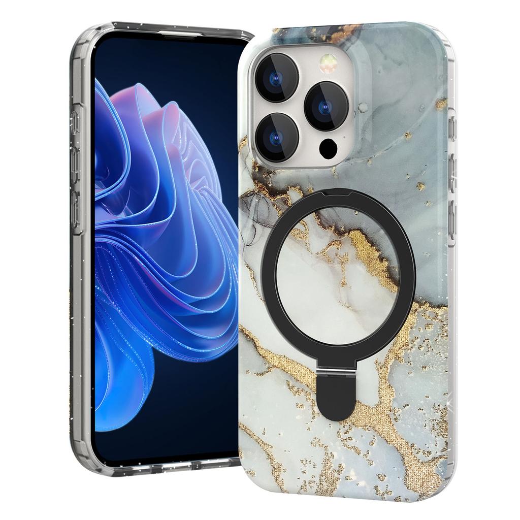 For iPhone 15 Pro Max Kickstand Case Marble Pattern PC+TPU Magnetic Phone Cover