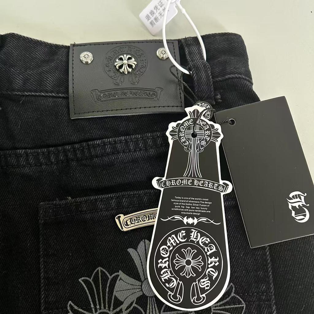 9930 CHROME HEARTS Men's and Women's American Style Trendy Jeans with Fabric Patches, Casual and Fashionable High Street Pants