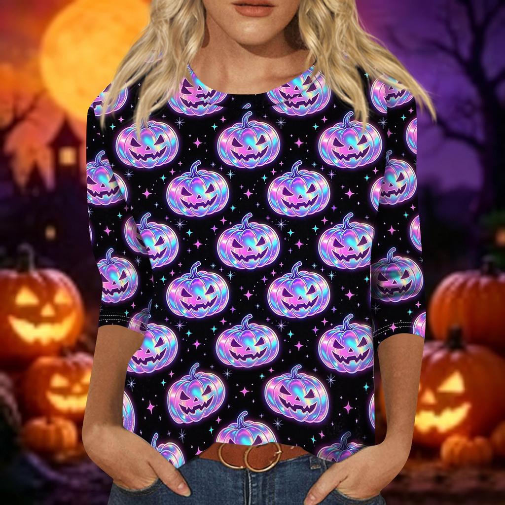 Women's Casual 3/4 Sleeve Halloween Graphic Top Crew Neck Printed Shirt Lightweight Comfortable Fit