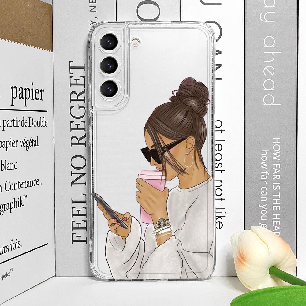 

Модная Девушка Женщины Кофе Мисс Прозрачный Чехол для Телефона для Samsung Galaxy S25 S24 S23 S22 S21 S20Plus Ultra FE A55 A54 Мягкая Крышка For Samsung S23