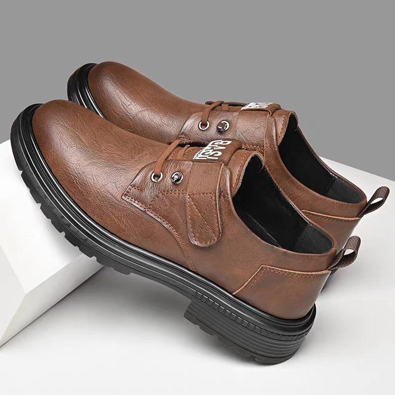 Autumn and winter new British style breathable casual shoes low top thick sole big head leather shoes soft sole