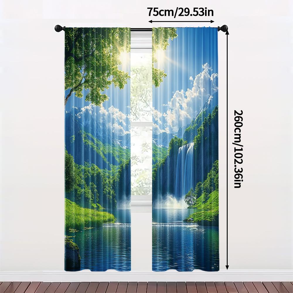 2pc,   Scene Curtains curtainWith waterfalls, green grass and blue sky Machine Washable Polyester,Without Electricity Versatile