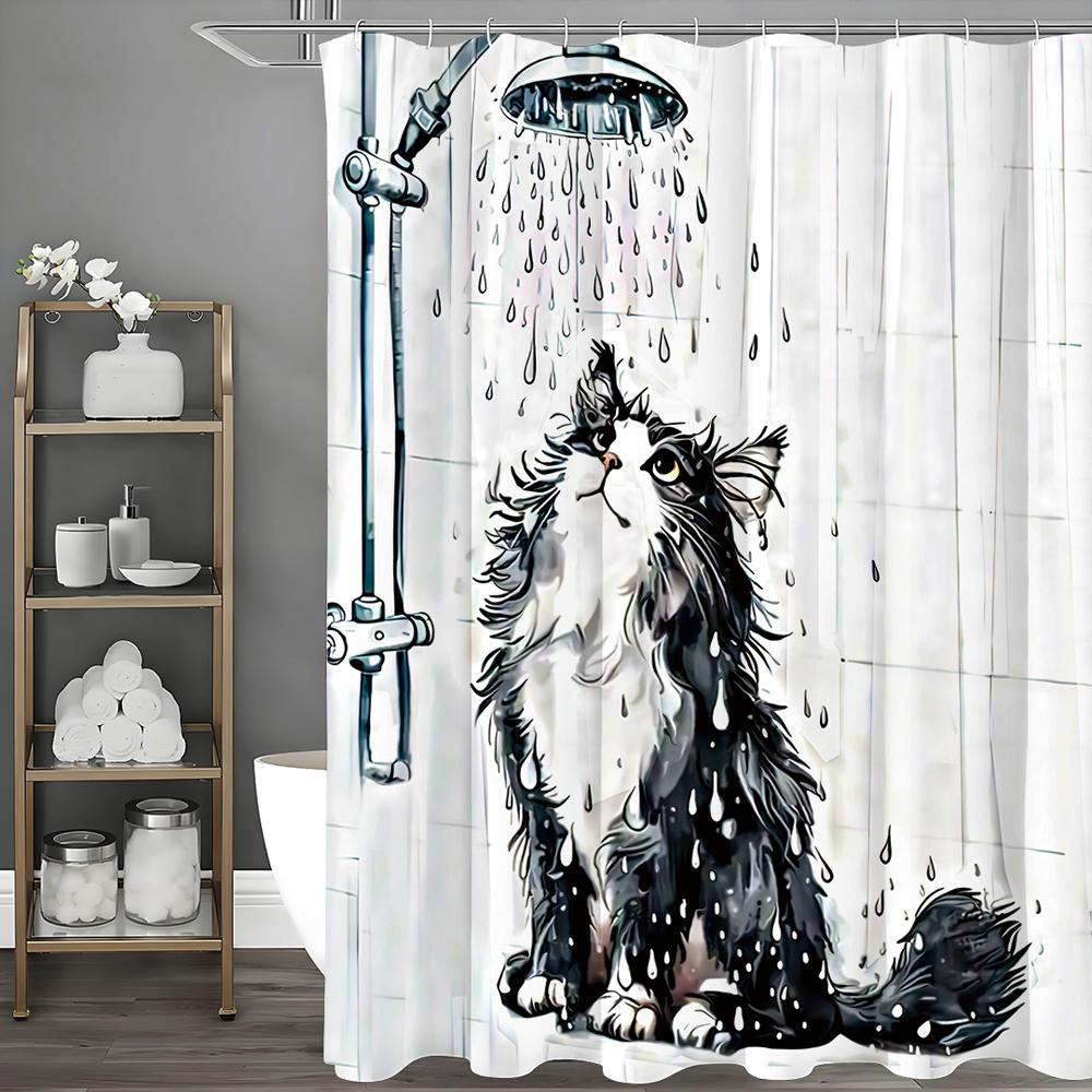 1 Piece Funny Black Cat Shower Pattern Shower Curtain, Bathroom Decorative Shower Curtain, Waterproof Shower Curtain with Hooks
