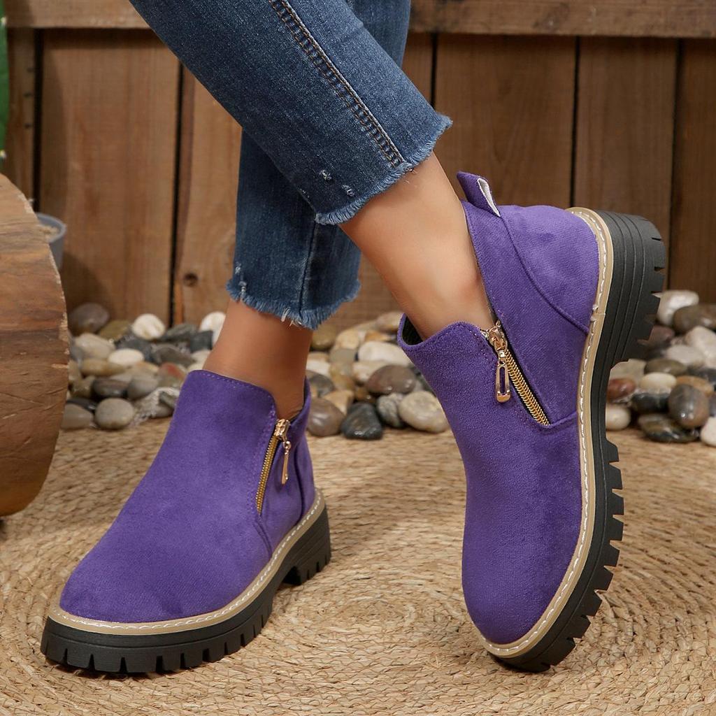 Foreign Trade New Large Size Double Zipper Platform Martin Boots Women's Cross-border Short Tube Round Head Suede Thick Heel and Bare Boots