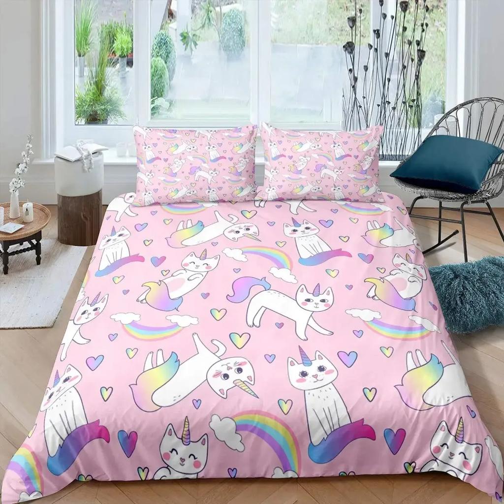 Unicorn Cat Duvet Cover Set Queen,Rainbow Unicorn Bedding Set,Girls Cartoon Magical Animal Sweet Icecream Comforter Cover