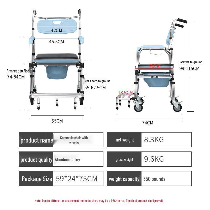 Multi-functional Aluminum Alloy Elderly Shower & Toilet Wheelchair with Armrests & Wheels
