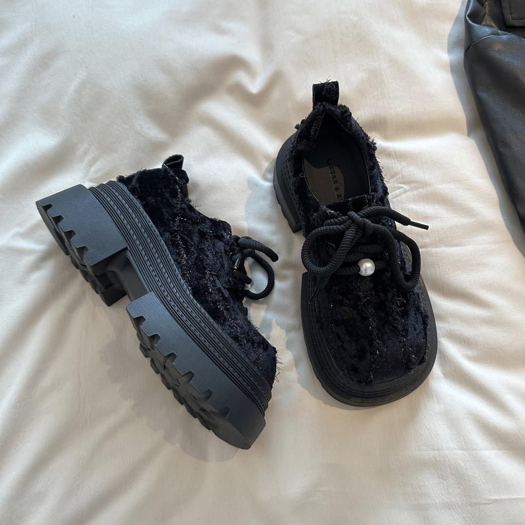 Big Head Lace-up Small Leather Shoes Women's 2025 Spring New Small Platform Women's Shoes Fashion Heightening Loafers