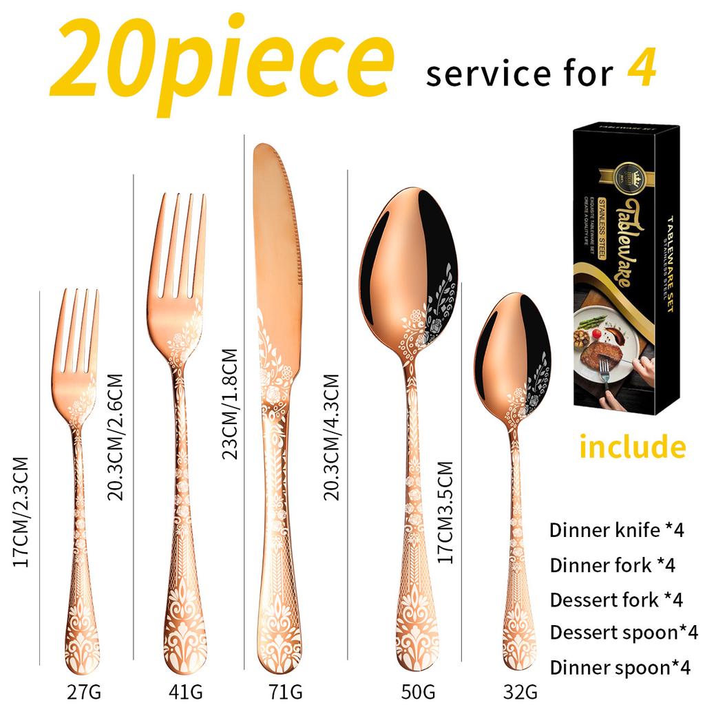 20PCS Patterned Stainless Steel Tableware Knife Fork Spoon Set Western Style Steak Knife Fork Spoon Set Cutlery set