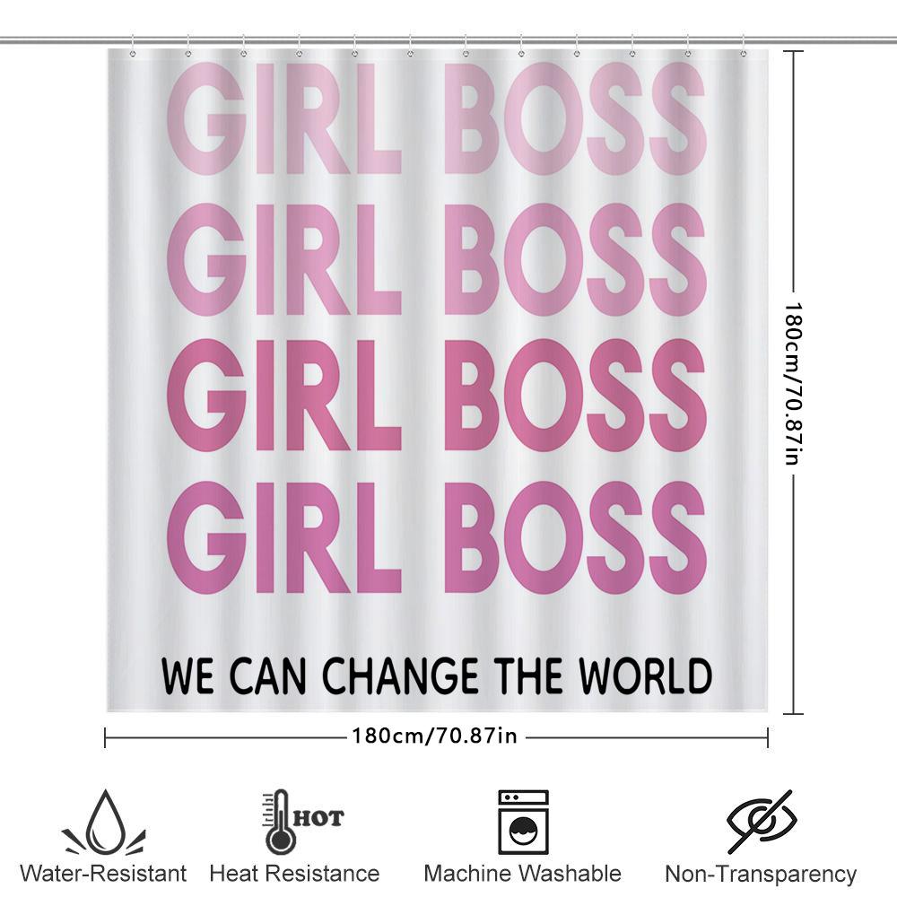 Ensemble Rideau de Douche Chic Fille Boss Pour Décor de Bain Design Typographie Rose Dégradé Matériau en Tissu Durable Avec Crochets Inclus