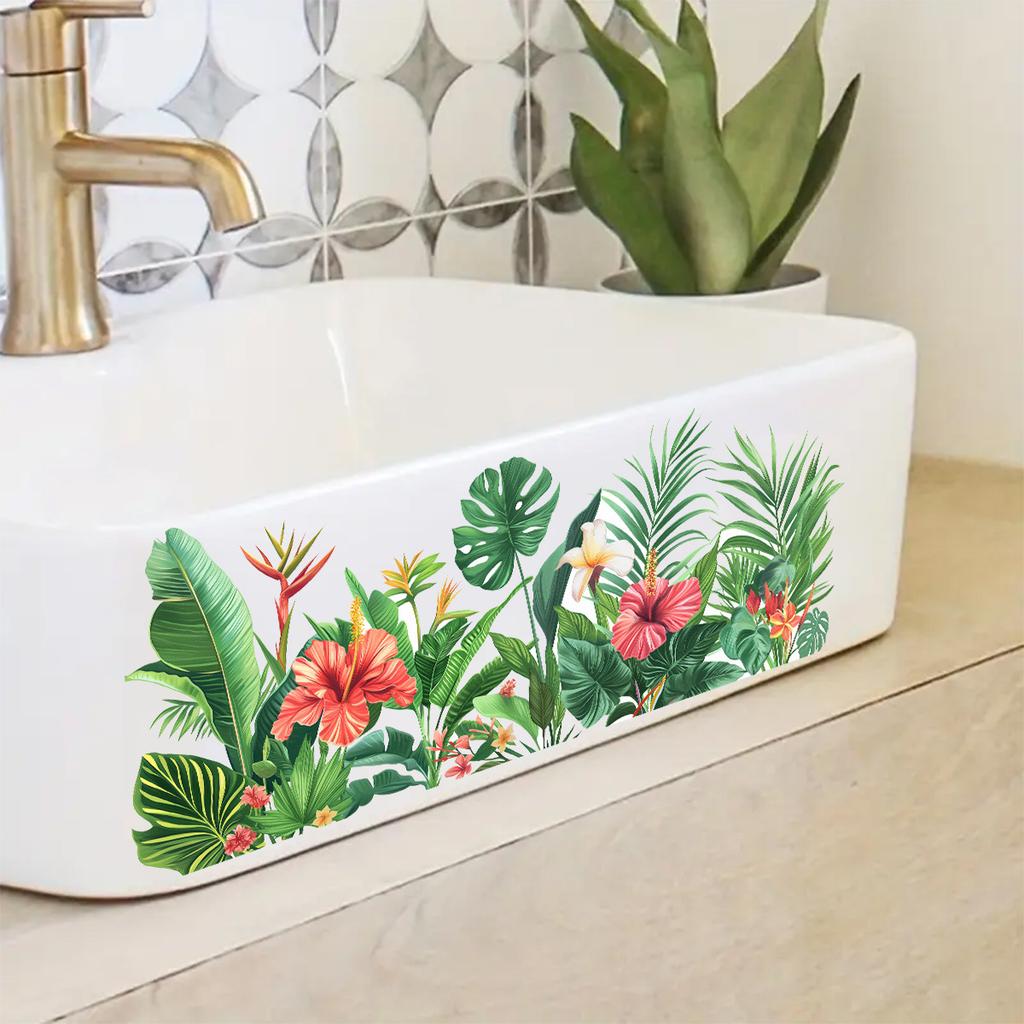 Tropical Green Plant Wall Stickers, Waterproof Wall Stickers, Turtle-back Bamboo, Hibiscus Flower Decorative Stickers