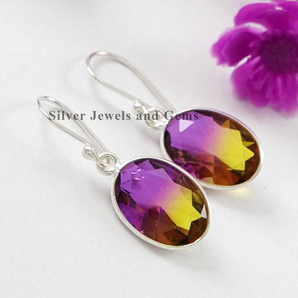 Oval Ametrine Quartz Sterling Silver Earrings, Handmade Bezel Gemstone Earring