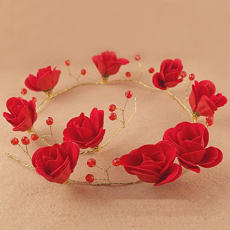 Red Flower Bridal Tiara Hairband Gold Color Crystal Pearl Headband Women Headpiece Wedding Crown Bride Hair Jewelry Accessories