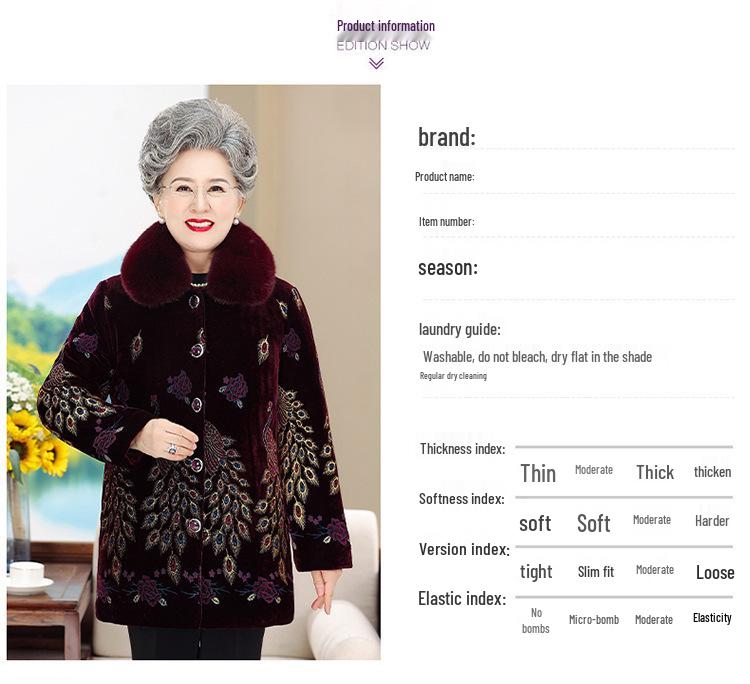 Grandma's Mink Velvet Coat with Fleece Lining, Thickened, for Middle-Aged & Elderly, Fur Collar, Warm Cotton-Padded Jacket.