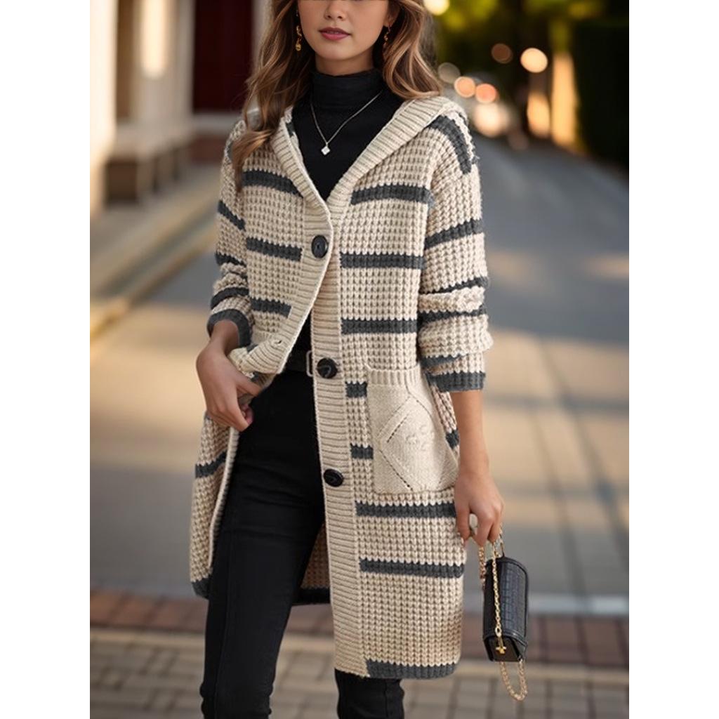 Cardigan Tricot rayé pour femme Automne/Hiver 2024 - Manteau pull à capuche mi-long