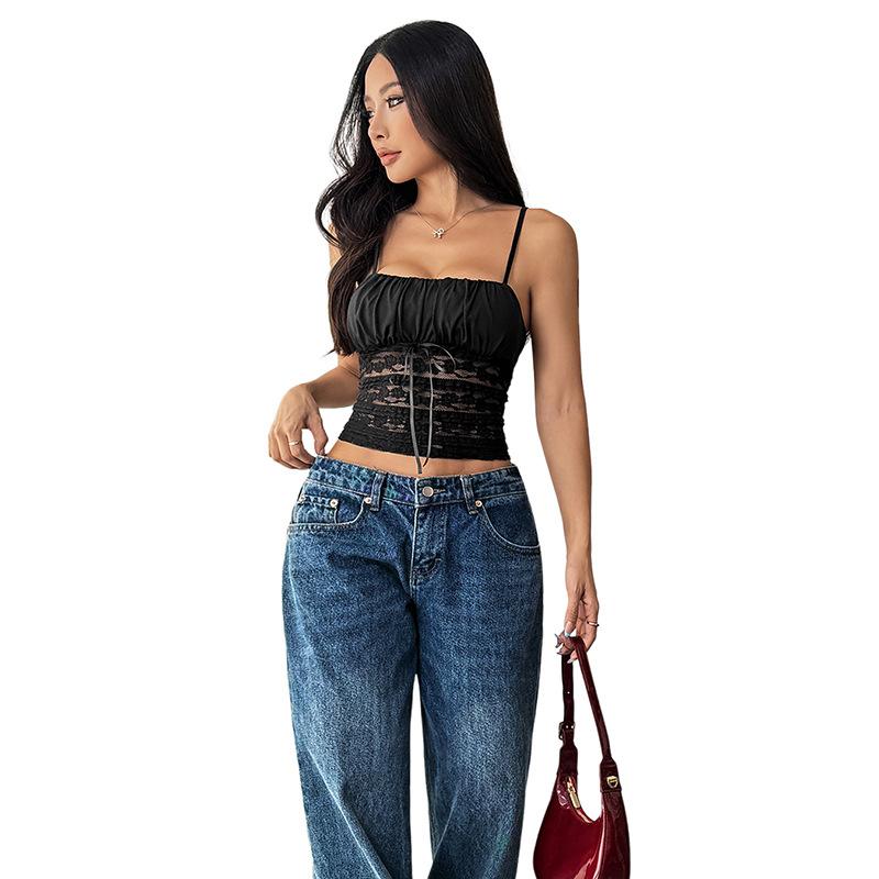Women Sexy Square Neck Spaghetti Strap Lace Ruffle Hem Crop Tank Top Y2K Slim Fit Sleeveless Backless Bow Knot Crop Cami