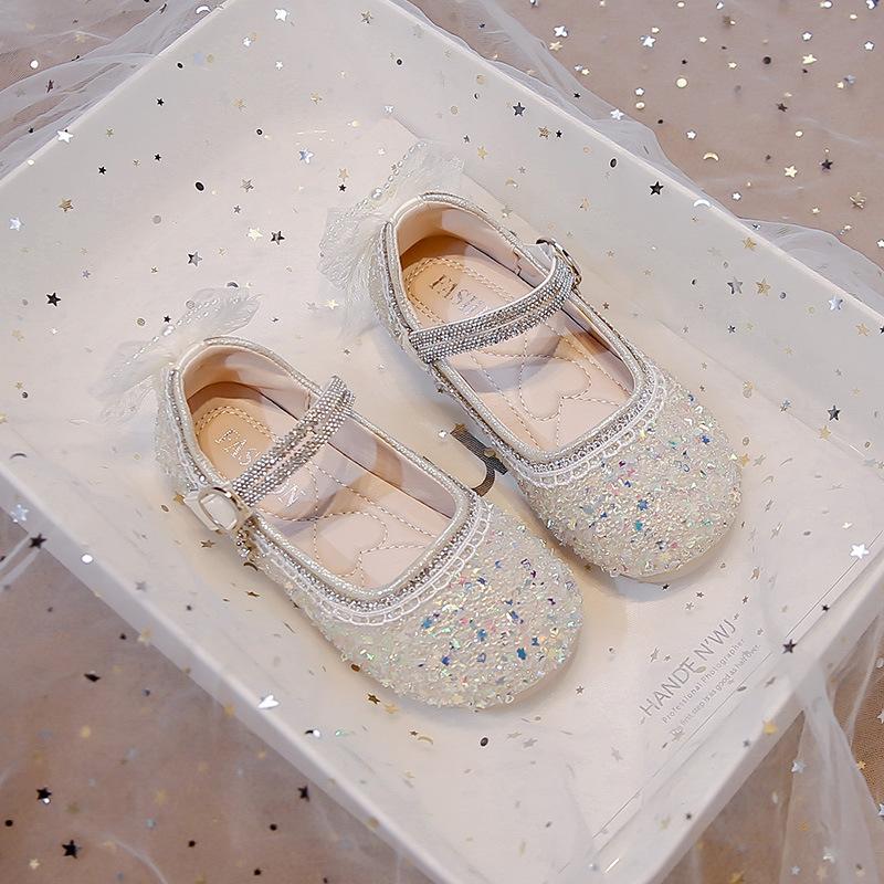 Girls' Rhinestone Sequin Crystal Princess Shoes2026Spring and Autumn Soft Sole Non-Slip Bowknot Solid Color Children's Performance Shoes