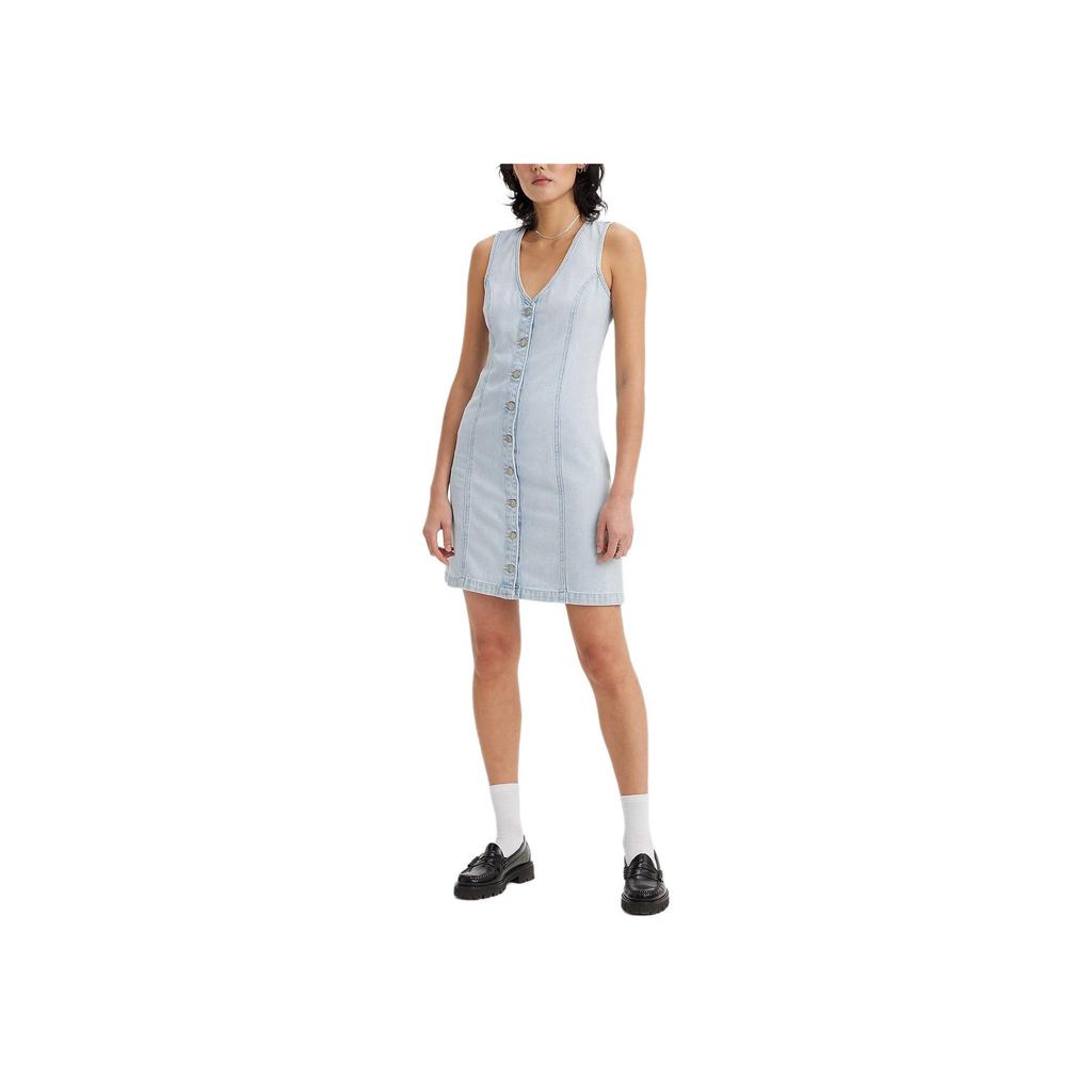 Levis Solid Color V-Neck Short Denim Sleeveless Dress Women Dresses Light-Blue A7600-0000