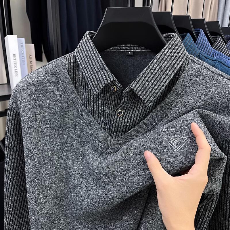 Yalu Men's Fleece-Lined Thermal Knit Sweater with Mock Layer Design