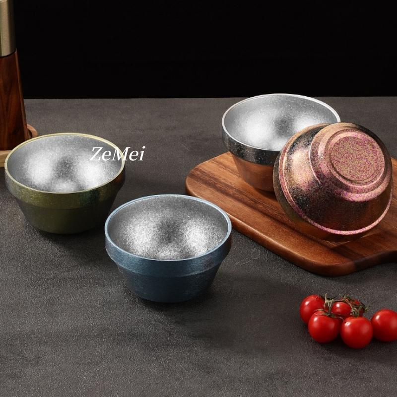 Pure Titanium Double-Layer Insulated Soup Bowl,12 Cm Multicolor Glossy Texture Home Food Storage Titanium Salad Bowl Tableware
