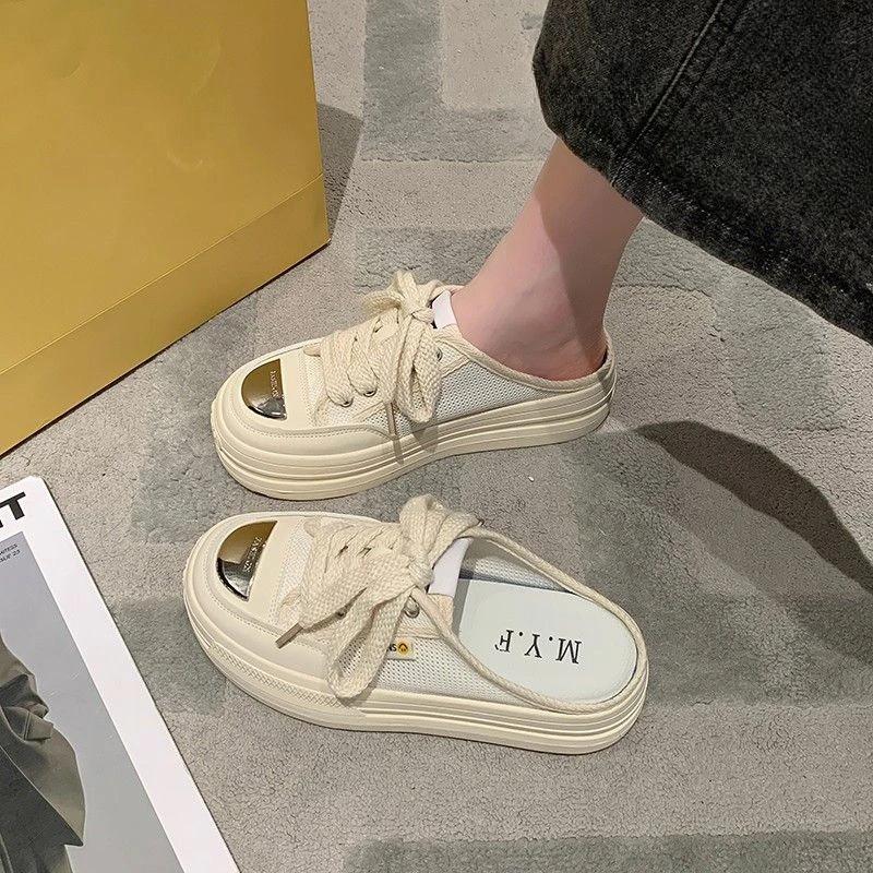 Fashion Outside Black Canvas Round Toe Slides Thick Shoes Women's Slippers and Ladies Sandals Height White Top Designs Small Size Unique