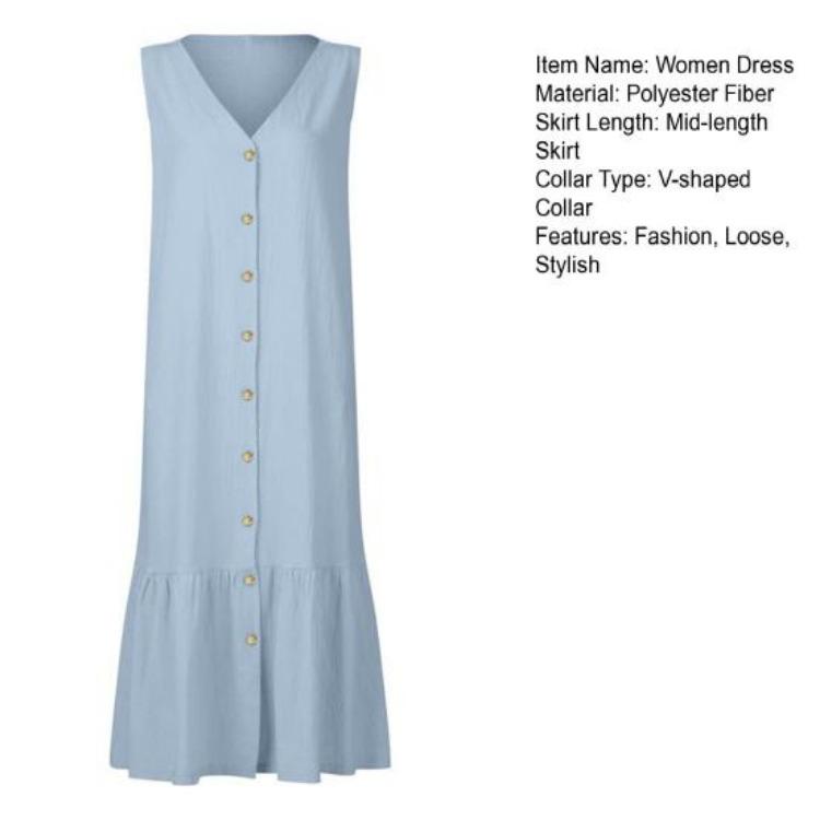 Summer Women Maxi Dress Sleeveless V Neck Button Down Loose Casual