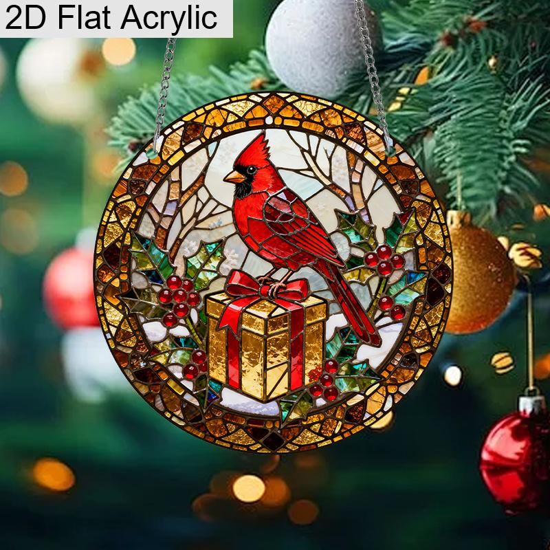 Acrylic Christmas Red Cardinal with Gift Box Suncatcher Stained Glass Effect Window Hanging Ornament Holiday Decor Gifts